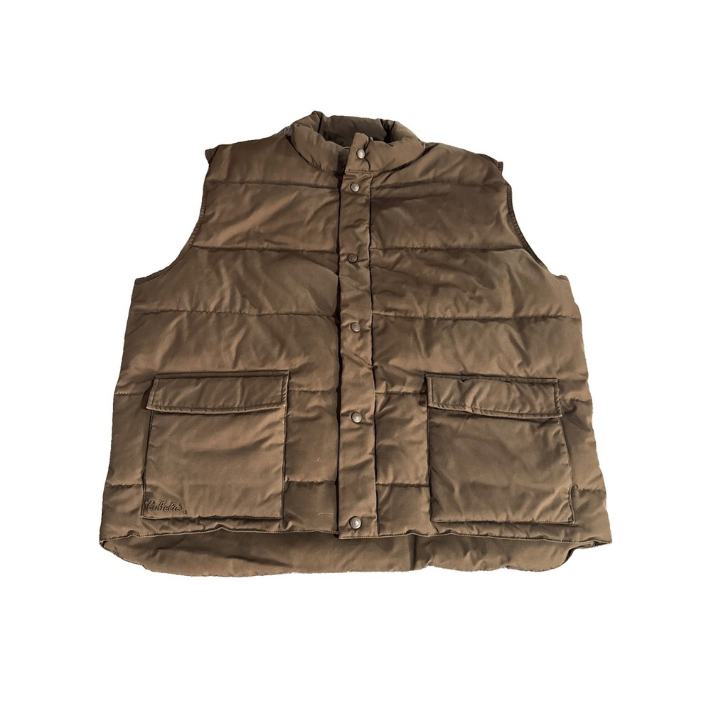 Cabelas Men's Brown Quilted Goose Down 2XL Vest Jacket Coat Fleece Line Puffer